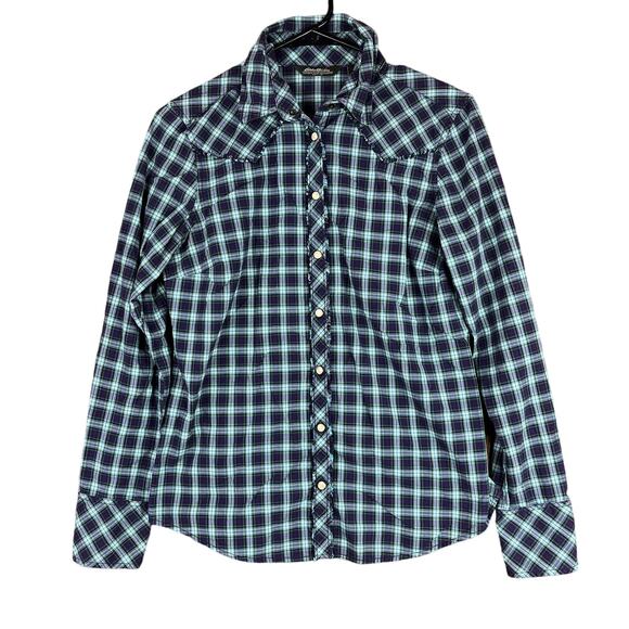 Eddie Bauer Womens Shirt Multi Plaid Pearl Snap Button Down Exposed Stitch S - Picture 1 of 13